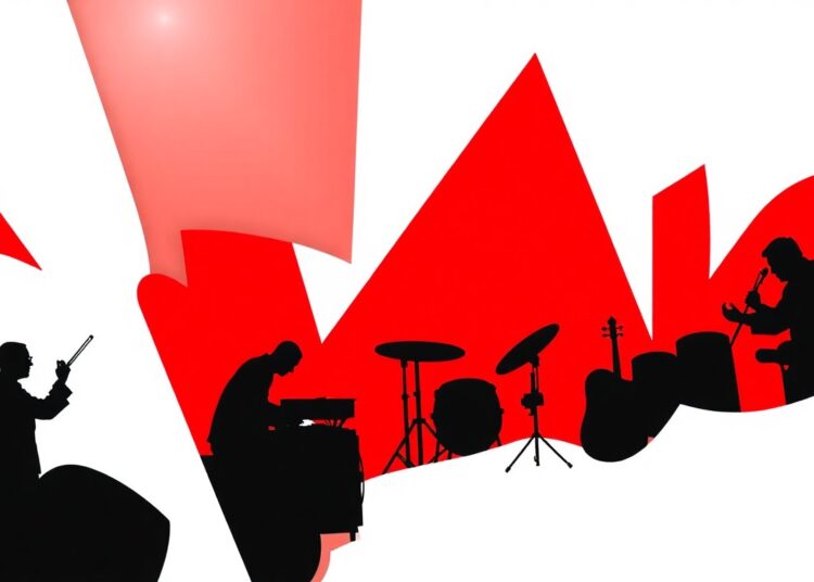 A striking abstract composition of jagged red and white geometric shapes, conceptually representing the fusion of diverse musical genres and styles featured in the classical music events across Cleveland this weekend.