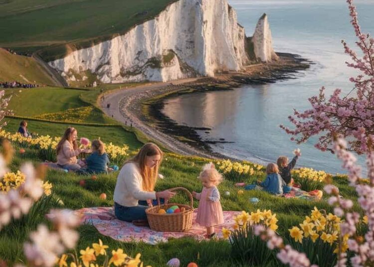 Beautiful dover cliffs during spring with families enjoying easter festivities a.