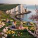 Beautiful dover cliffs during spring with families enjoying easter festivities a.