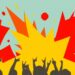 A dynamic, abstract illustration featuring bold, geometric shapes in warm, vibrant colors, representing the energy and festive spirit of a Latin music festival.