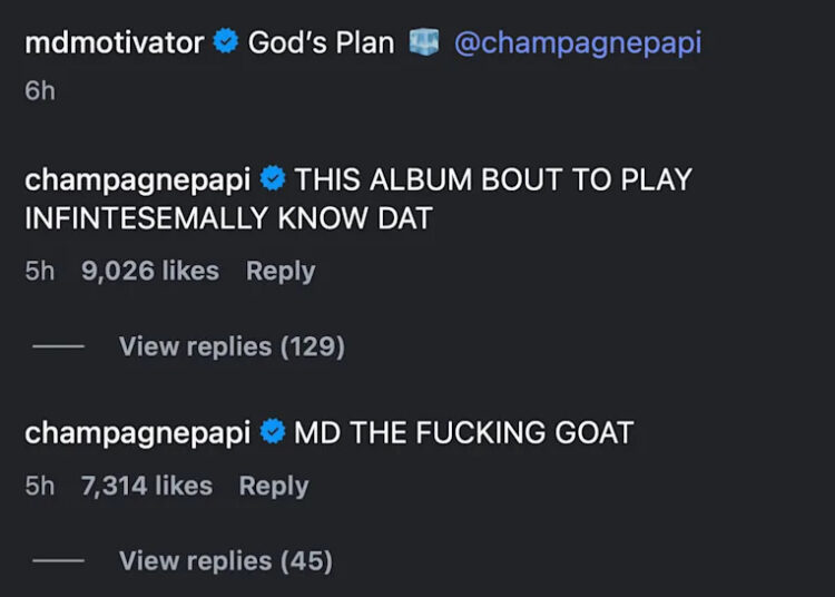 Instagram comments with "mdmotivator" mentioning "God’s Plan" and "champagnepapi" (Drake) responding enthusiastically.
