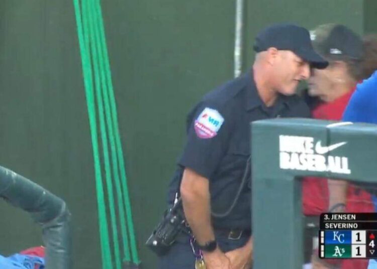 An EMT, um, reacted after being hit by a liner off the bat of the Royals’ Carter Jensen.