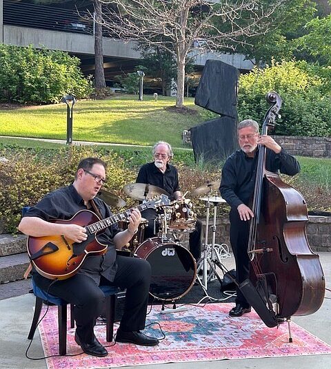 The Ted Ludwig Trio — (from left) Ted Ludwig, guitar; Brian Brown, drums; and Joe Vick, bass — performs for Arkansas Celebration of International Jazz Day on Thursday. 
(Special to the Democrat-Gazette)