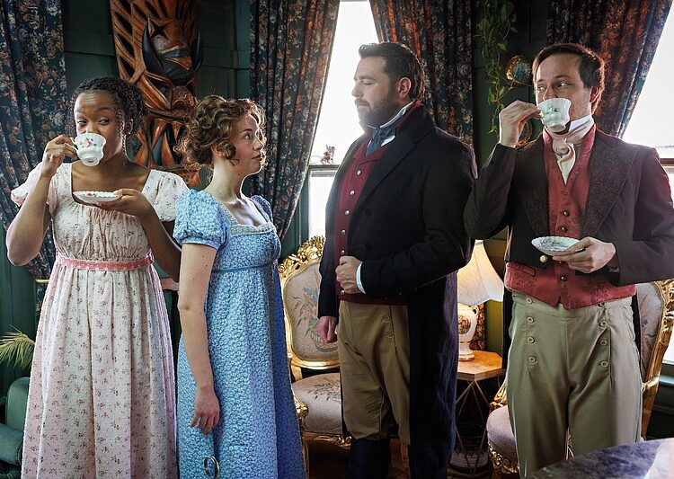 Principals in “Pride & Prejudice” at Fayetteville’s TheatreSquared (from left): Gabriela Madu as Jane, Bellah Crawford as Lizzy, Sean Patrick Ryan as Darcy and Harrison Baxley as Bingley.
(Special to the Democrat-Gazette/Wesley Hitt)