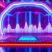 A highly detailed, glowing 3D illustration of a futuristic, cyberpunk-inspired music production interface with pulsing neon lights, digital waveforms, and floating control panels, conceptually representing the advanced AI technology behind ElevenLabs' new music creation app.
