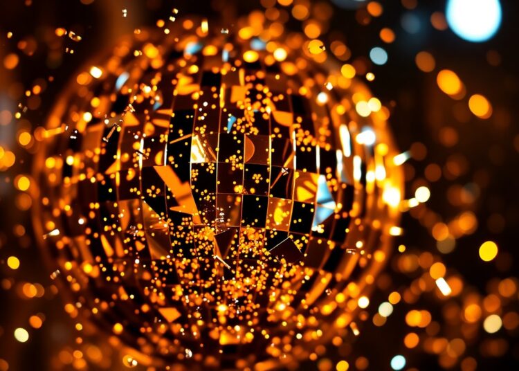 An abstract close-up photograph of shattered disco ball fragments reflecting bright, high-contrast light, creating a glittering, glamorous visual metaphor for the energy and anticipation of new music releases.