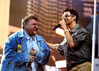 Joe Jonas joins Teddy Swims on the Coachella Stage during the Coachella Valley Music and Arts Festival in Indio, Calif., on Friday, April 10, 2026.