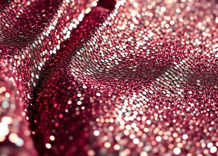 An extreme close-up of shimmering, glittering sequins reflecting dramatic studio lighting, conceptually representing the glamour and exclusivity of the Guess Compound party during Coachella.