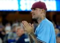 Singer Justin Bieber watches the Los Angeles Dodgers and the Toronto Blue Jays during the seventh inning in Game 3 of baseball's World Series, Monday, Oct. 27, 2025, in Los Angeles. THE CANADIAN PRESS/AP-Ashley Landis