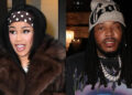 Cardi B in a fur coat and polka dot headband smiles, while Fetty Wap in a knit hat and chains poses with one eye closed.