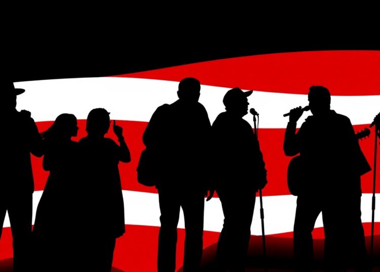 A dynamic abstract illustration featuring bold black shapes and bright red and white colors, conceptually representing the energy and patriotic spirit of Foley's community Music and Movie series.