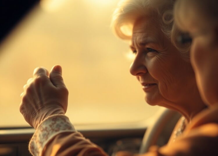An extremely abstracted, out-of-focus photograph of an elderly woman's hands on a steering wheel, surrounded by a warm, hazy glow of light, conceptually representing the fading influence of the royal world and the universal nature of everyday challenges.