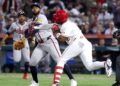 Apr 7, 2026; Anaheim, California, USA; A fight breaks out between Atlanta Braves pitcher Reynaldo López (40) and Los Angeles Angels right fielder Jorge Soler (12) during the fifth inning at Angel Stadium. Mandatory Credit: William Navarro-Imagn Images