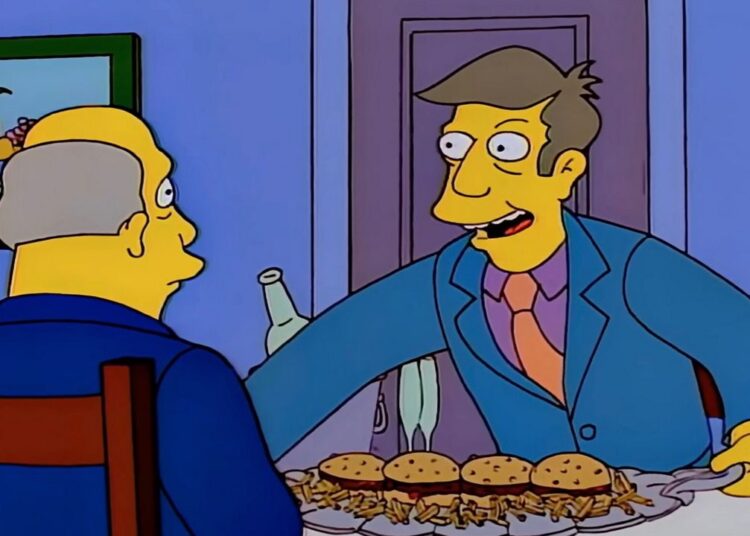 principal skinner presents a platter of steamed hams to superintendent chalmers in "the simpsons"