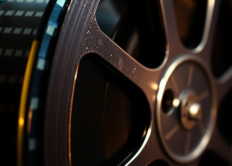 An extreme close-up photograph of highly reflective, textured movie film reel, capturing the glamour and high-production values of the growing film industry in Westchester County.