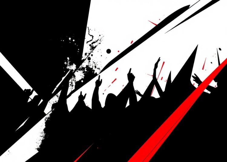 A dynamic, abstract illustration featuring bold, angular shapes in black, white, and red, conveying the high-energy atmosphere of a live music event.
