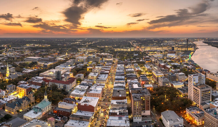 The Savannah cityscape at dusk