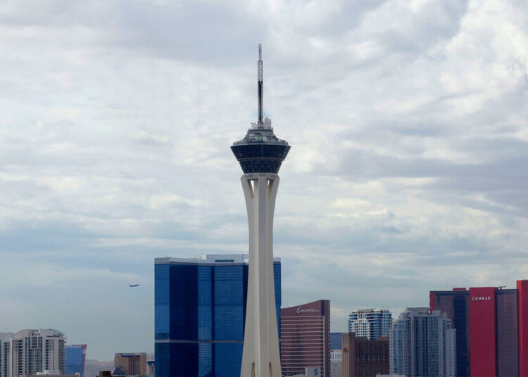The Strat hotel-casino is seen as cloudy skies linger over the Las Vegas Valley, on Thursday, O ...