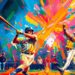 A dynamic, colorful painting depicting the intense energy and movement of a grand slam baseball swing, with the ball exploding off the bat in a burst of neon paint strokes.