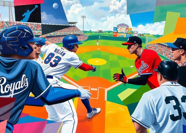 A cubist-style painting featuring fragmented, geometric shapes in the colors of the Royals and Guardians uniforms, representing the tension and drama of the late-inning baseball game.
