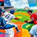 A cubist-style painting featuring fragmented, geometric shapes in the colors of the Royals and Guardians uniforms, representing the tension and drama of the late-inning baseball game.