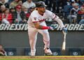 Cleveland Guardians' Gabriel Arias watches his two-run RBI double off Los Angeles Angels Ryan Zeferjahn during the seventh inning of a baseball game, Saturday, May 31, 2025, in Cleveland. (AP Photo/Phil Long)