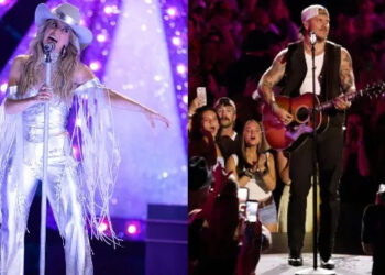 Lainey Wilson performs on the 59th Annual CMA Awards on ABC, Nov. 19, 2025 (Disney/Frank Micelotta); Brandon Lake performs on ABC's 'CMA Fest presented by SoFi,' June 26, 2025 (Disney via CMA/Acadia Evans)
