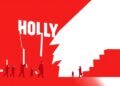 An abstract, minimalist illustration featuring bold, jagged shapes in red and white, conceptually representing the tension between Hollywood's creative forces and the push for media consolidation.