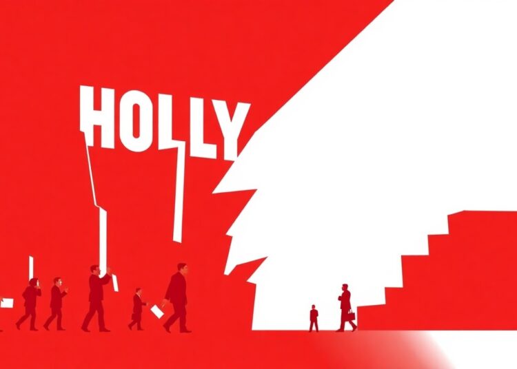An abstract, minimalist illustration featuring bold, jagged shapes in red and white, conceptually representing the tension between Hollywood's creative forces and the push for media consolidation.