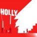 An abstract, minimalist illustration featuring bold, jagged shapes in red and white, conceptually representing the tension between Hollywood's creative forces and the push for media consolidation.