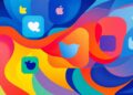 An abstract, fragmented painting featuring overlapping geometric shapes and waves of bright, vibrant colors, conceptually representing the blending of entertainment and politics on social media.