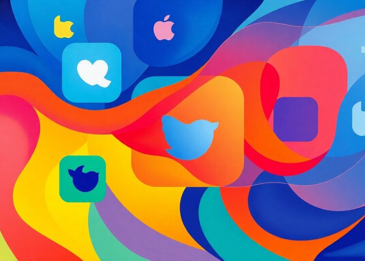 An abstract, fragmented painting featuring overlapping geometric shapes and waves of bright, vibrant colors, conceptually representing the blending of entertainment and politics on social media.