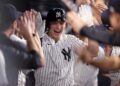 New York’s Ben Rice celebrates his two-run home against the Kansas City Royals at Yankee Stadium on April 17, 2026 in New York City.