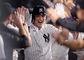 New York’s Ben Rice celebrates his two-run home against the Kansas City Royals at Yankee Stadium on April 17, 2026 in New York City.