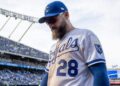 Kansas City Royals center fielder Kyle Isbel (28) walks off the field after winning 3-1 against the Minnesota Twins in the home opening game at Kauffman Stadium on Monday, March 30, 2026, in Kansas City.