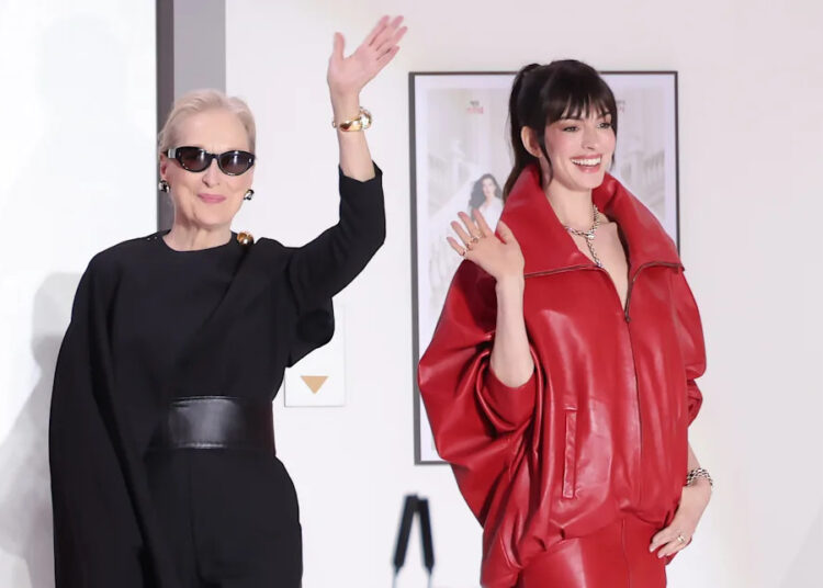 Meryl Streep and Anne Hathaway attend the red carpet event for the film 'The Devil Wears Prada 2' at Times Square on April 8, 2026 in Yeongdeungpo-gu, Seoul, South Korea