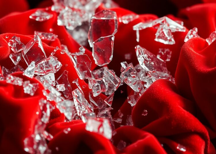 An extreme, abstract close-up photograph of shattered glass and crumpled velvet textures in high-contrast studio lighting, conceptually representing the fragility and impermanence of life.
