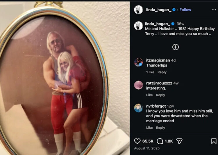 A vintage photo of a muscular man and a woman hugging, framed in an oval frame. The man is wearing red wrestling tights.