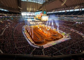 A Supercross event takes over a stadium. Expect a similar look when Cleveland's Huntington Bank Field hosts Monster Energy AMA Supercross on April 18. (Courtesy of Feld Entertainment)