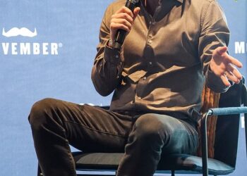 The Duke of Sussex speaks during a Q&A session with men's health charity Movember at the Whitten Oval in Melbourne today