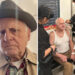 Split image showing an elderly man in a hat looking serious on the left, and on the right the same man seated in a hospital setting while several people apply makeup and adjust his appearance.
