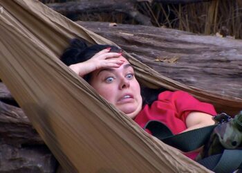 An individual reclining in a beige hammock suspended between two tree trunks, with their hand resting on their forehead, appearing to be in a state of contemplation or discomfort. The surroundings are natural, with visible logs and foliage.