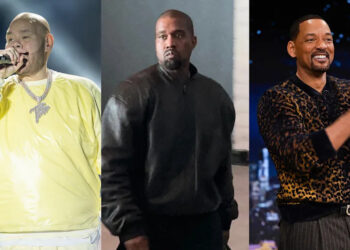 Fat Joe performing, Kanye West in a black jacket, and Will Smith clapping on stage.