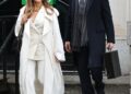 Jennifer Lopez and Brett Goldstein are seen filming at the "Office Romance" movie set on April 07, 2025 in Hoboken, New Jersey.