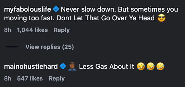 Comments from Instagram users "myfabolouslife" and "mainohustlehard" with emo j**z and likes.