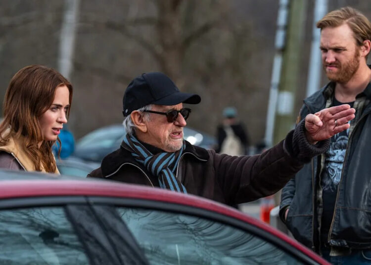 Emily Blunt, Steven Spielberg, and Wyatt Russell on the set of 'Disclosure Day'Credit: Niko Tavernise/Universal Pictures and Amblin Entertainment