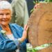 Judi Dench at the 2022 RHS Chelsea Flower Show posing with the carving of an oak timber round with key dates from her life and career