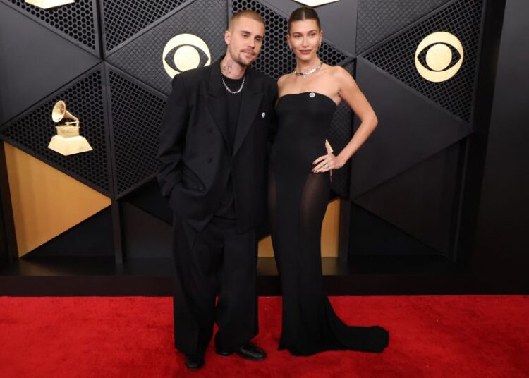 (From left) Justin Bieber and Hailey Bieber on the 2026 Grammys red carpet in Los Angeles.