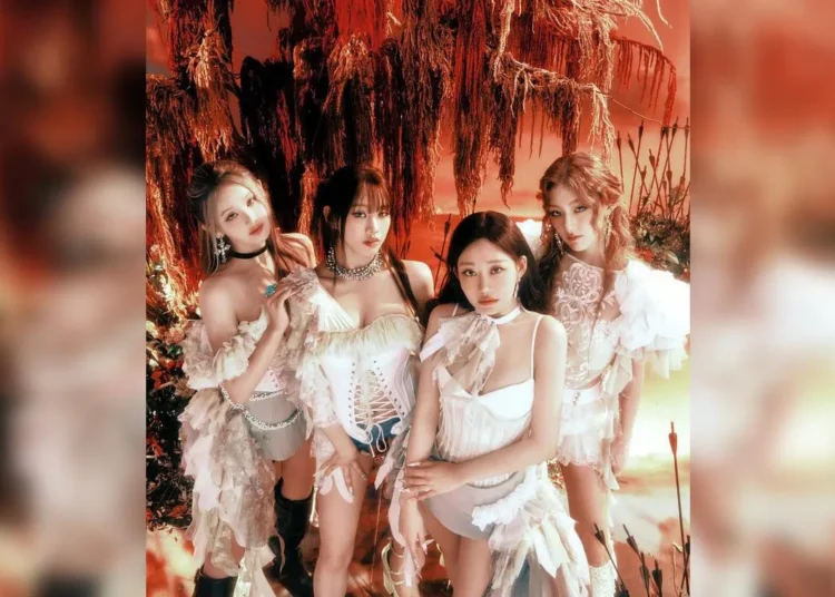 A concept photo of K-pop girl group Kiss Of Life - consisting (from far left) Belle, Natty, Julie and Haneul - for their single Who Is She.