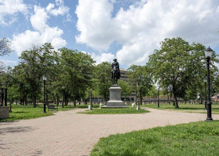 The George Washington Memorial is seen at Washington Square Park is on Wednesday, April 15, 2026, in Kansas City.